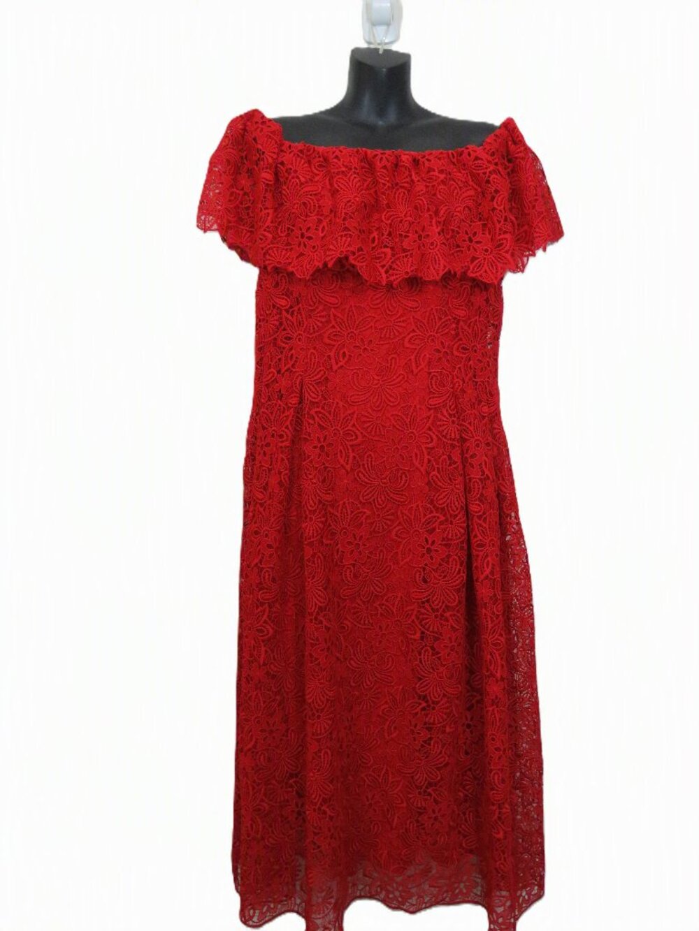 Rickie Freeman Teri Jon size 14 Red Lace Midi Dress Off the Shoulder Party